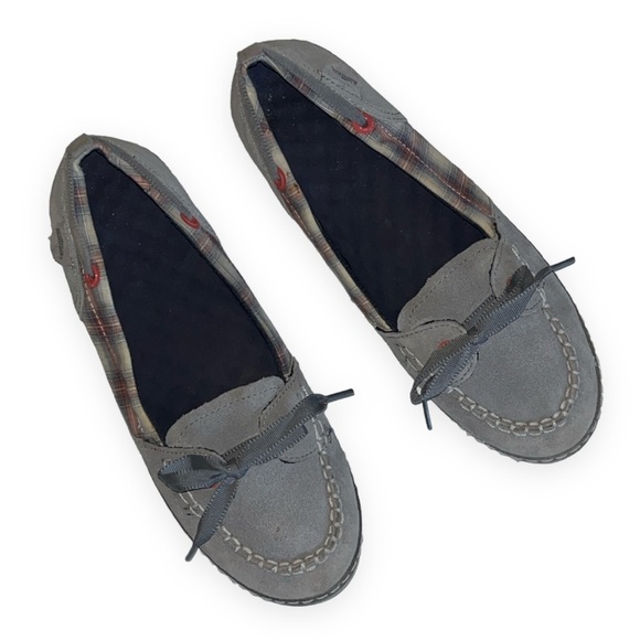 Simple Womens‎ Gray Suede Plaid Fabric Boat Shoes Sailing Flat Slip On Loafer - Picture 10 of 10